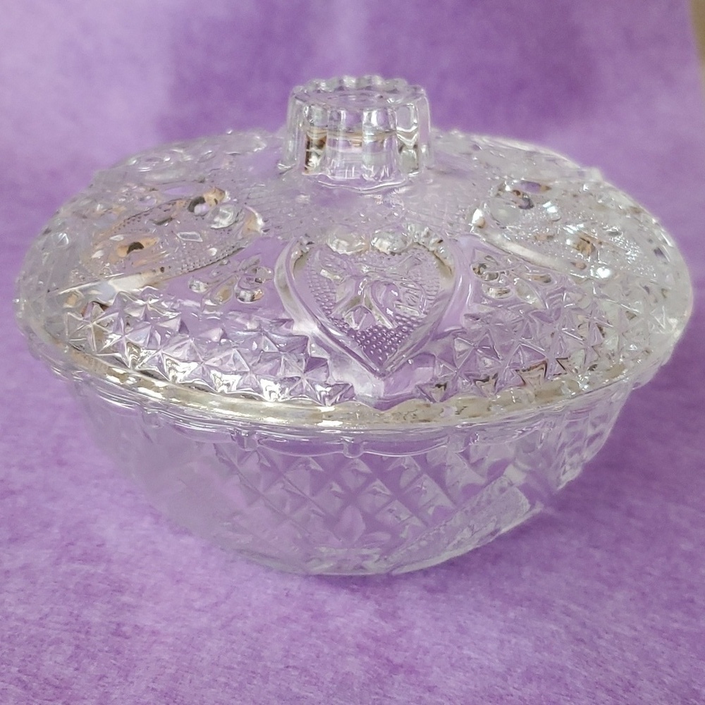 Vintage KIM Indonesia Clear Pressed Glass Candy Dish Hearts & Roses Fleur De Lis